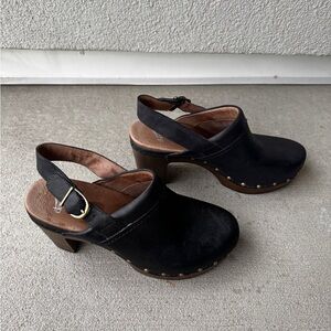 Dansko Black Leather Clogs with Gold Buckle
